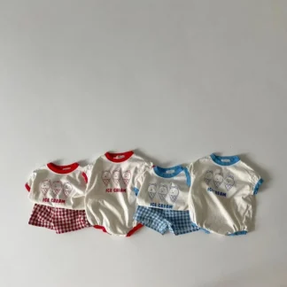 Ice Cream Print Clothes Set with Plaid Short
