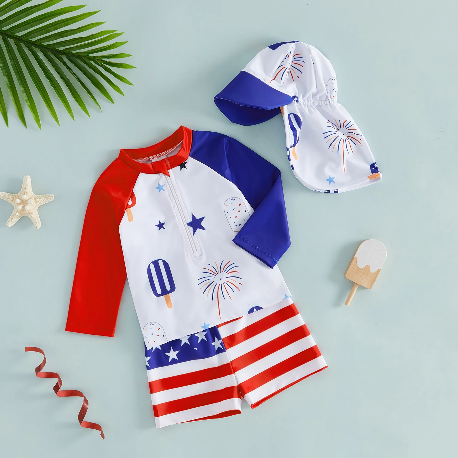 FOCUSNORM 0-5Y Toddler Kids Boys Swimsuit Set 4th of July Long Sleeve Crew Neck Star Print Tops Swim Trunks Hat Bathing Suit - Image 5