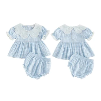 Doll Collar Shirt with Elastic Waist Shorts Plaid