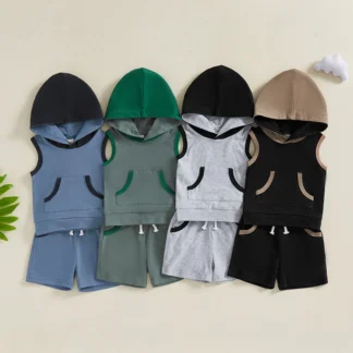 Shorts Set Contrast Color with Sleeveless Hooded Tank Tops