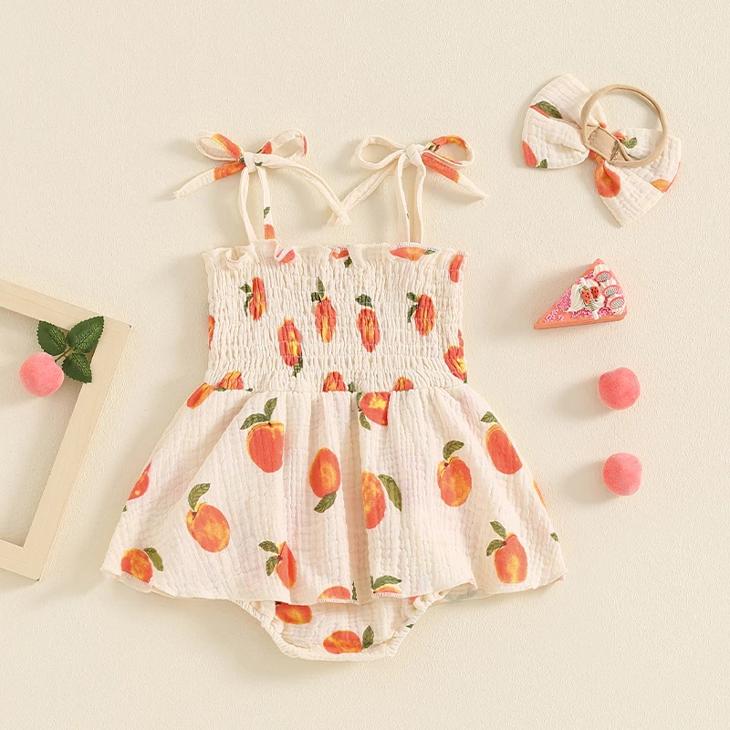 Peach Print Cami Onesie Romper with Headband - Image 2