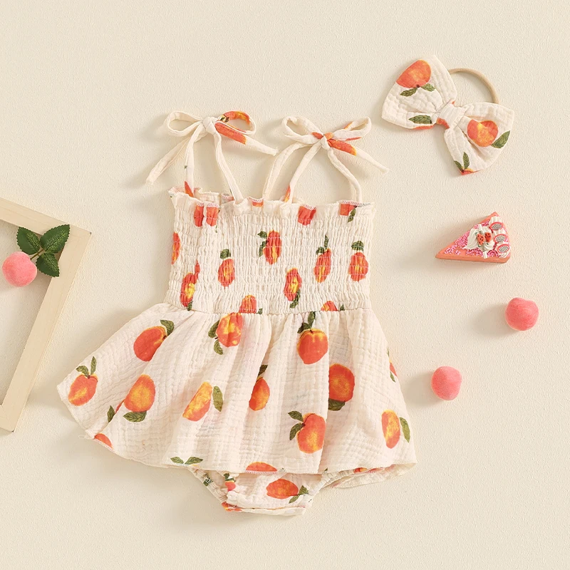 Peach Print Cami Onesie Romper with Headband - Image 3